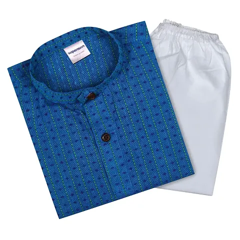 "superminis Baby Boys Ethnic Wear Handloom Kurta Dress with Contrast Color Thread Work and Pyjama Set (Blue, 8-9 Years)"