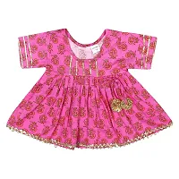 Superminis Baby Girls Jaipuri Print Frock Style Kurti With Frill Sleeves And Dhoti Style Salwar With Elastic Closure Ethnic Dress (Pink Green, 6-12 Months)-thumb3