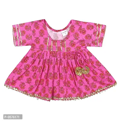 Superminis Baby Girls Jaipuri Print Frock Style Kurti With Frill Sleeves And Dhoti Style Salwar With Elastic Closure Ethnic Dress (Pink Green, 6-12 Months)-thumb4