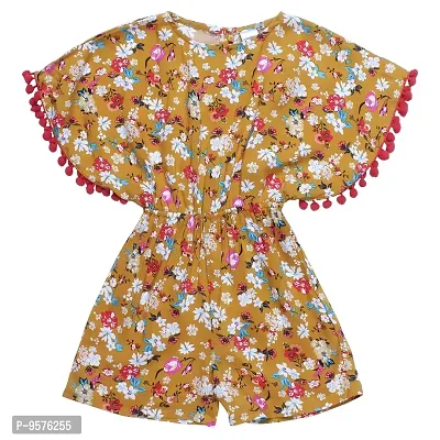 "Superminis Girls Floral Print Cotton Rayon Kaftan Style Playsuit/Jumpsuit with Pom Pom (Mustard, 18-24 Months)"