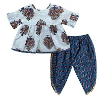 Superminis Baby Girls Jaipuri Print Frock Style Kurti With Frill Sleeves And Dhoti Style Salwar With Elastic Closure Ethnic Dress (Blue, 12-18 Months)-thumb1