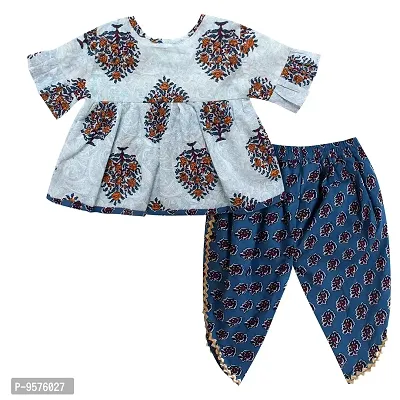 Superminis Baby Girls Jaipuri Print Frock Style Kurti With Frill Sleeves And Dhoti Style Salwar With Elastic Closure Ethnic Dress (Blue, 12-18 Months)-thumb2