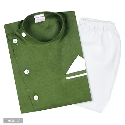 "Superminis Boys Cotton Side Button Open Kurta with Pocket Square Style and Elastic Pyjama Set - Mandrin Collar, Side Slits, Criss Cross Bottom Shaped, Full Sleeves (7-8 Years, Green)"