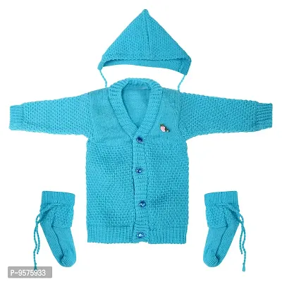 "Superminis Baby Girl and Baby Boy Woollen Sweater with Cap and Booties for 0-6 Months (3pc, Sky Blue)"