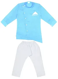 Superminis Boys Cotton Side Button Open Kurta with Pocket Square Style and Elastic Pyjama Set - Mandrin Collar, Side Slits, Criss Cross Bottom Shaped, Full Sleeves (7-8 Years, Sky Blue)-thumb3