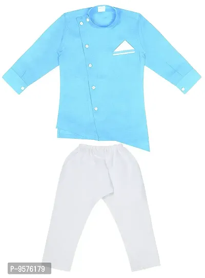 Superminis Boys Cotton Side Button Open Kurta with Pocket Square Style and Elastic Pyjama Set - Mandrin Collar, Side Slits, Criss Cross Bottom Shaped, Full Sleeves (7-8 Years, Sky Blue)-thumb4