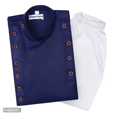 Superminis Boys Cotton Side Button Open Kurta with Elastic Pyjama Set - Mandrin Collar, Multi Slit, Asymmetric Hem, Full Sleeves, Side Button Embellish (7-8 Years, Blue)