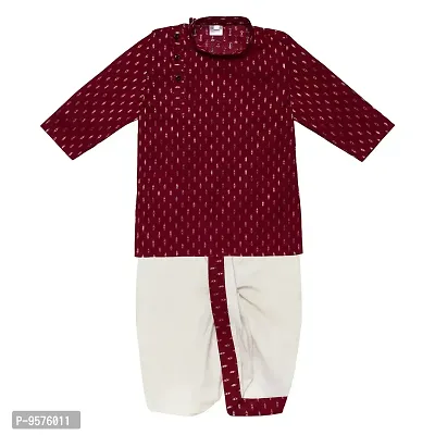 superminis Boy's Cotton Kurta with Dhoti - Golden Thread Work, Round Collar, Full Sleeves, Side Button Kurta Set for Ethnic Wear (Maroon, 3-4 Years)