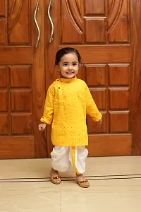 "superminis Boy's Cotton Kurta with Dhoti - Golden Thread Work, Round Collar, Full Sleeves, Side Button Kurta Set for Ethnic Wear (White+Yellow, 3-4 Years)"-thumb2