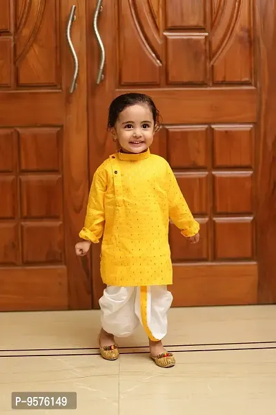 "superminis Boy's Cotton Kurta with Dhoti - Golden Thread Work, Round Collar, Full Sleeves, Side Button Kurta Set for Ethnic Wear (White+Yellow, 3-4 Years)"-thumb3