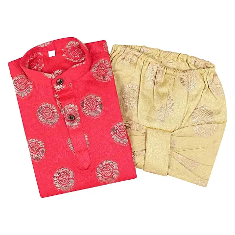 Superminis Baby Boys Fancy Ethnic Wear Cotton Golden Thread Work Kurta with Cream Color Elastic Dhoti