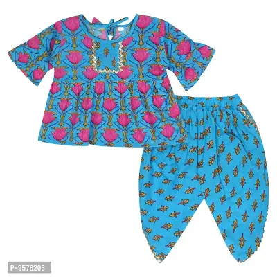 Superminis Baby Girls Jaipuri Lotus Print Kurti Style Kurti with Frill Sleeves and Dhoti Style Salwar with Elastic Closure Ethnic Dress (Blue, 5-6 Years)