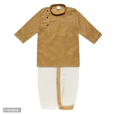 superminis Boy's Cotton Kurta with Dhoti - Golden Thread Work, Round Collar, Full Sleeves, Side Button Kurta Set for Ethnic Wear (Cream, 18-24 Months)