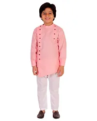 "Superminis Boys Cotton Side Button Open Kurta with Elastic Pyjama Set - Mandrin Collar, Multi Slit, Asymmetric Hem, Full Sleeves, Side Button Embellish (6-12 Months, Pink)"-thumb2