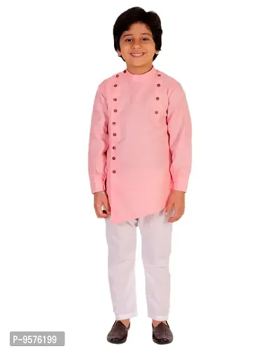 "Superminis Boys Cotton Side Button Open Kurta with Elastic Pyjama Set - Mandrin Collar, Multi Slit, Asymmetric Hem, Full Sleeves, Side Button Embellish (6-12 Months, Pink)"-thumb3
