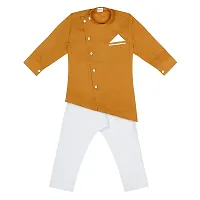 Superminis Boys Cotton Side Button Open Kurta with Pocket Square Style and Elastic Pyjama Set - Mandrin Collar, Side Slits, Criss Cross Bottom Shaped, Full Sleeves (5-6 Years, Mustard)-thumb3