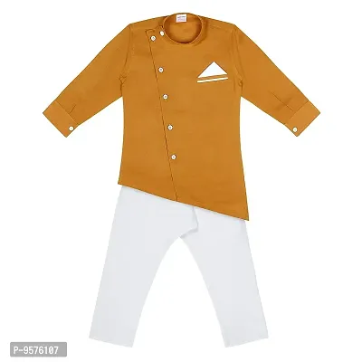 Superminis Boys Cotton Side Button Open Kurta with Pocket Square Style and Elastic Pyjama Set - Mandrin Collar, Side Slits, Criss Cross Bottom Shaped, Full Sleeves (5-6 Years, Mustard)-thumb4