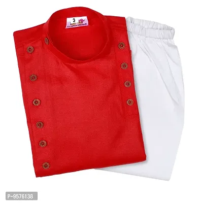 "Superminis Boys Cotton Side Button Open Kurta with Elastic Pyjama Set - Mandrin Collar, Multi Slit, Asymmetric Hem, Full Sleeves, Side Button Embellish (18-24 Months, Red)"