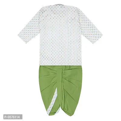 "superminis Boy's Cotton Kurta with Dhoti - Golden Thread Work, Round Collar, Full Sleeves, Side Button Kurta Set for Ethnic Wear (White+Green, 3-6 Months)"-thumb2