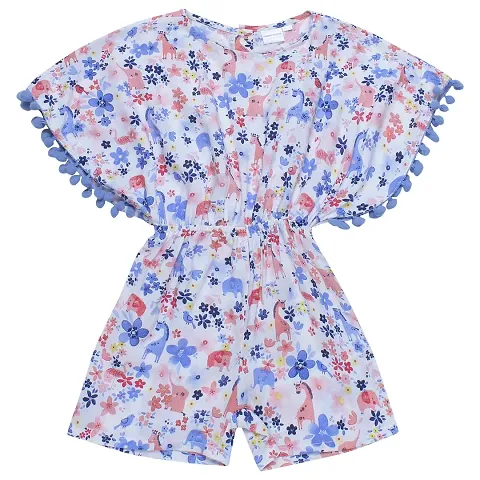 Superminis Girls Floral Print Cotton Rayon Kaftan Style Playsuit/Jumpsuit with Pom Pom