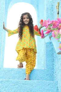 "Superminis Baby Girls Jaipuri Lotus Print Kurti Style Kurti with Frill Sleeves and Dhoti Style Salwar with Elastic Closure Ethnic Dress (Yellow, 5-6 Years)"-thumb2