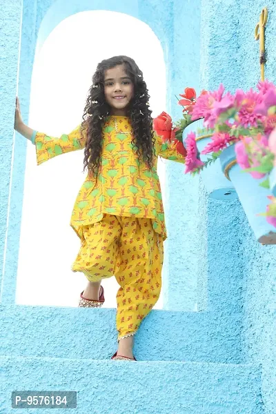 "Superminis Baby Girls Jaipuri Lotus Print Kurti Style Kurti with Frill Sleeves and Dhoti Style Salwar with Elastic Closure Ethnic Dress (Yellow, 5-6 Years)"-thumb3