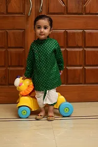 "superminis Boy's Cotton Kurta with Dhoti - Golden Thread Work, Round Collar, Full Sleeves, Side Button Kurta Set for Ethnic Wear (White+Green, 3-6 Months)"-thumb2