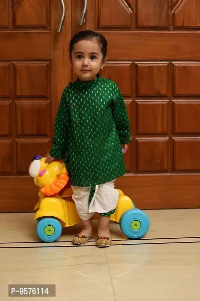 "superminis Boy's Cotton Kurta with Dhoti - Golden Thread Work, Round Collar, Full Sleeves, Side Button Kurta Set for Ethnic Wear (White+Green, 3-6 Months)"-thumb3