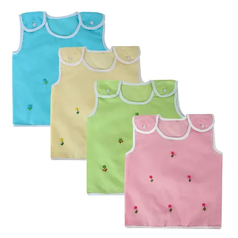 "Superminis Baby Girls and Baby Boys Pure Cotton Jhabla/Vest with Flower Embroidery On The Front and Shoulder Button, Pack of 4 (0-6 Months)"