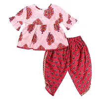 Superminis Baby Girls Jaipuri Print Frock Style Kurti With Frill Sleeves And Dhoti Style Salwar With Elastic Closure Ethnic Dress (Magenta, 5-6 Years)-thumb1