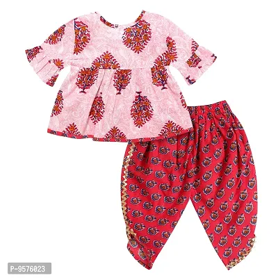 Superminis Baby Girls Jaipuri Print Frock Style Kurti With Frill Sleeves And Dhoti Style Salwar With Elastic Closure Ethnic Dress (Magenta, 5-6 Years)-thumb2