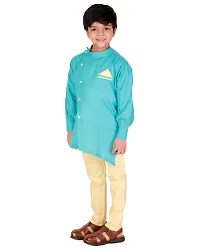 Superminis Boys Cotton Side Button Open Kurta with Pocket Square Style and Elastic Pyjama Set - Mandrin Collar, Side Slits, Criss Cross Bottom Shaped, Full Sleeves (7-8 Years, Sky Blue)-thumb2