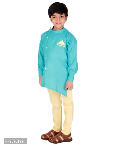 Superminis Boys Cotton Side Button Open Kurta with Pocket Square Style and Elastic Pyjama Set - Mandrin Collar, Side Slits, Criss Cross Bottom Shaped, Full Sleeves (7-8 Years, Sky Blue)-thumb3