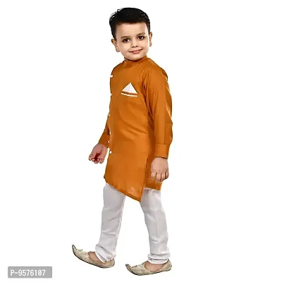 Superminis Boys Cotton Side Button Open Kurta with Pocket Square Style and Elastic Pyjama Set - Mandrin Collar, Side Slits, Criss Cross Bottom Shaped, Full Sleeves (5-6 Years, Mustard)-thumb3