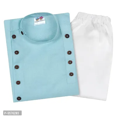 Superminis Boys Cotton Side Button Open Kurta with Elastic Pyjama Set - Mandrin Collar, Multi Slit, Asymmetric Hem, Full Sleeves, Side Button Embellish (5-6 Years, Sky Blue)