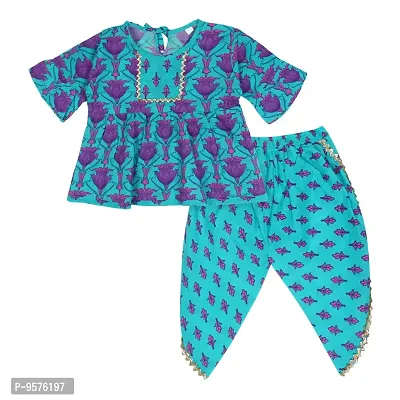 Superminis Baby Girls Jaipuri Lotus Print Kurti Style Kurti with Frill Sleeves and Dhoti Style Salwar with Elastic Closure Ethnic Dress (Green, 5-6 Years)