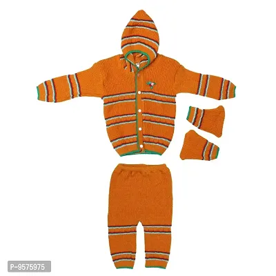 Superminis Unisex Woolen Knitted Hooded Sweater with Pyjama and Booties Set (0-6 Months, Orange)