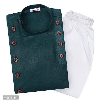 "Superminis Boys Cotton Side Button Open Kurta with Elastic Pyjama Set - Mandrin Collar, Multi Slit, Asymmetric Hem, Full Sleeves, Side Button Embellish (18-24 Months, Green)"