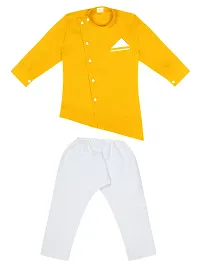 "Superminis Boys Cotton Side Button Open Kurta with Pocket Square Style and Elastic Pyjama Set - Mandrin Collar, Side Slits, Criss Cross Bottom Shaped, Full Sleeves (3-4 Years, Yellow)"-thumb2