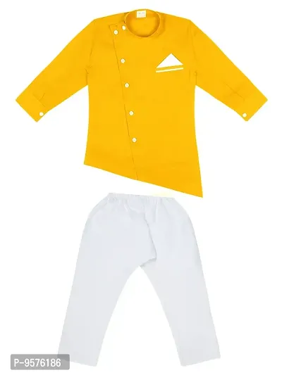"Superminis Boys Cotton Side Button Open Kurta with Pocket Square Style and Elastic Pyjama Set - Mandrin Collar, Side Slits, Criss Cross Bottom Shaped, Full Sleeves (3-4 Years, Yellow)"-thumb3