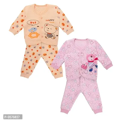 "Superminis Baby Boys and Baby Girls Fine Quality Front Open Winter Wear Printed Top and Pyjama with Rib, Pack of 2 Set (0-3 Months, Pink and Peach)"