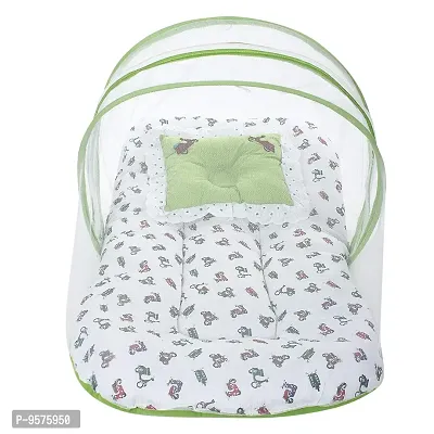 "Superminis Cotton Baby Bedding Set with Pillow and Mosquito Net - Foldable Mattress, Printed, Double Side Zip Closure for New Born (6-12 Months, Green)"