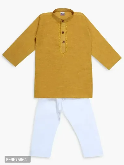 "Superminis Boy's Handloom Cotton Kurta with Pyjama - Embroidered, Round Collar, Knee Length, Full Sleeves for Ethnic Wear (Mustard, 8-9 Years)"-thumb0