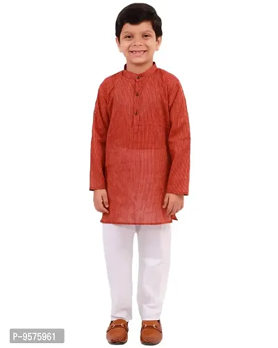 "Superminis Boy's Handloom Cotton Kurta with Pyjama - Stripe Print, Round Collar, Knee Length, Full Sleeves for Ethnic Wear (8-9 Years, Brown)"-thumb0