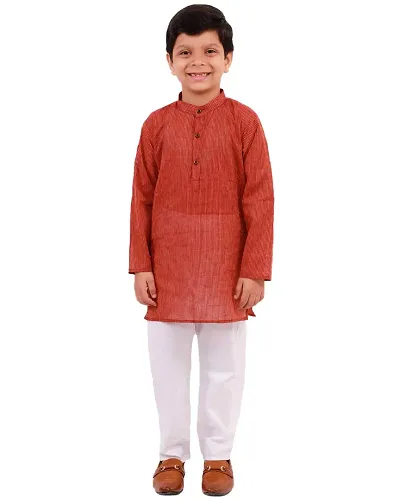 "Superminis Boy's Handloom Kurta with Pyjama - Stripe Print, Round Collar, Knee Length, Full Sleeves for Ethnic Wear (8-9 Years, Brown)"