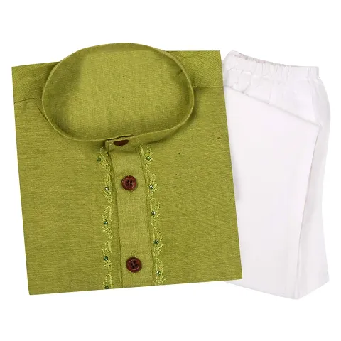 "Superminis Boy's Handloom Kurta with Pyjama - Embroidered, Round Collar, Knee Length, Full Sleeves for Ethnic Wear (Green, 7-8 Years)"