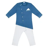 "Superminis Boys Cotton Side Button Open Kurta with Pocket Square Style and Elastic Pyjama Set - Mandrin Collar, Side Slits, Criss Cross Bottom Shaped, Full Sleeves (6-12 Months, Blue)"-thumb3