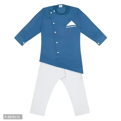 "Superminis Boys Cotton Side Button Open Kurta with Pocket Square Style and Elastic Pyjama Set - Mandrin Collar, Side Slits, Criss Cross Bottom Shaped, Full Sleeves (6-12 Months, Blue)"-thumb4