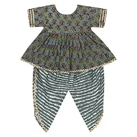 Superminis Baby Girls Jaipuri Print Frock Style Kurti With Frill Sleeves And Dhoti Style Salwar With Elastic Closure Ethnic Dress (Grey, 2-3 Years)-thumb1