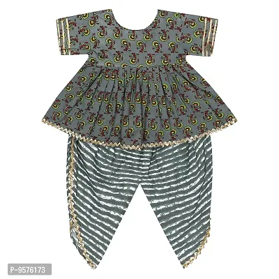 Superminis Baby Girls Jaipuri Print Frock Style Kurti With Frill Sleeves And Dhoti Style Salwar With Elastic Closure Ethnic Dress (Grey, 2-3 Years)-thumb2